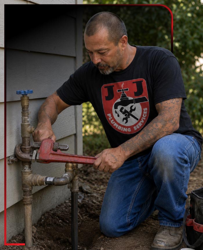 Joe Pergis, owner of J&J Plumbing Services, repairing an outdoor water shutoff valve with a pipe wrench in Bakersfield, CA