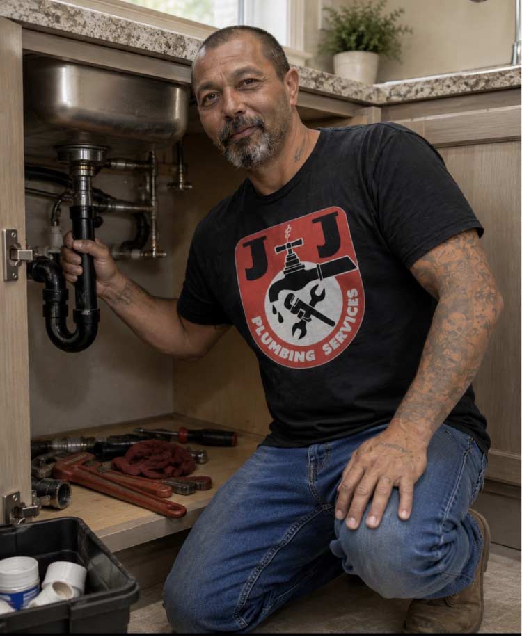 J&J Plumbing Services technician working on a kitchen sink P-trap and drain pipe under the counter
