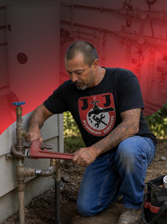 J&J Plumbing Services technician using a pipe wrench to repair an outdoor water shutoff valve near a water heater